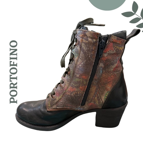 PORTOFINO Leather Ankle Boots with Floral Panel Green Portugal Size 39 US 8.5/9 - Picture 3 of 13